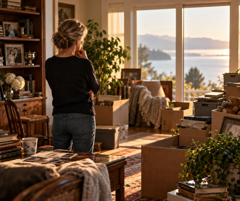 a woman among books and boxes beside a sunlit window overlooking water.